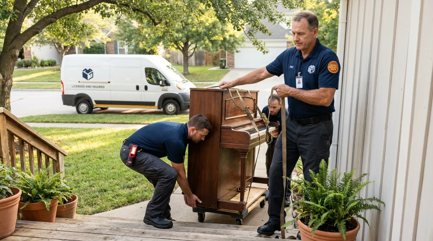 Licensed piano movers securing grand piano in Saint Johns, AZ