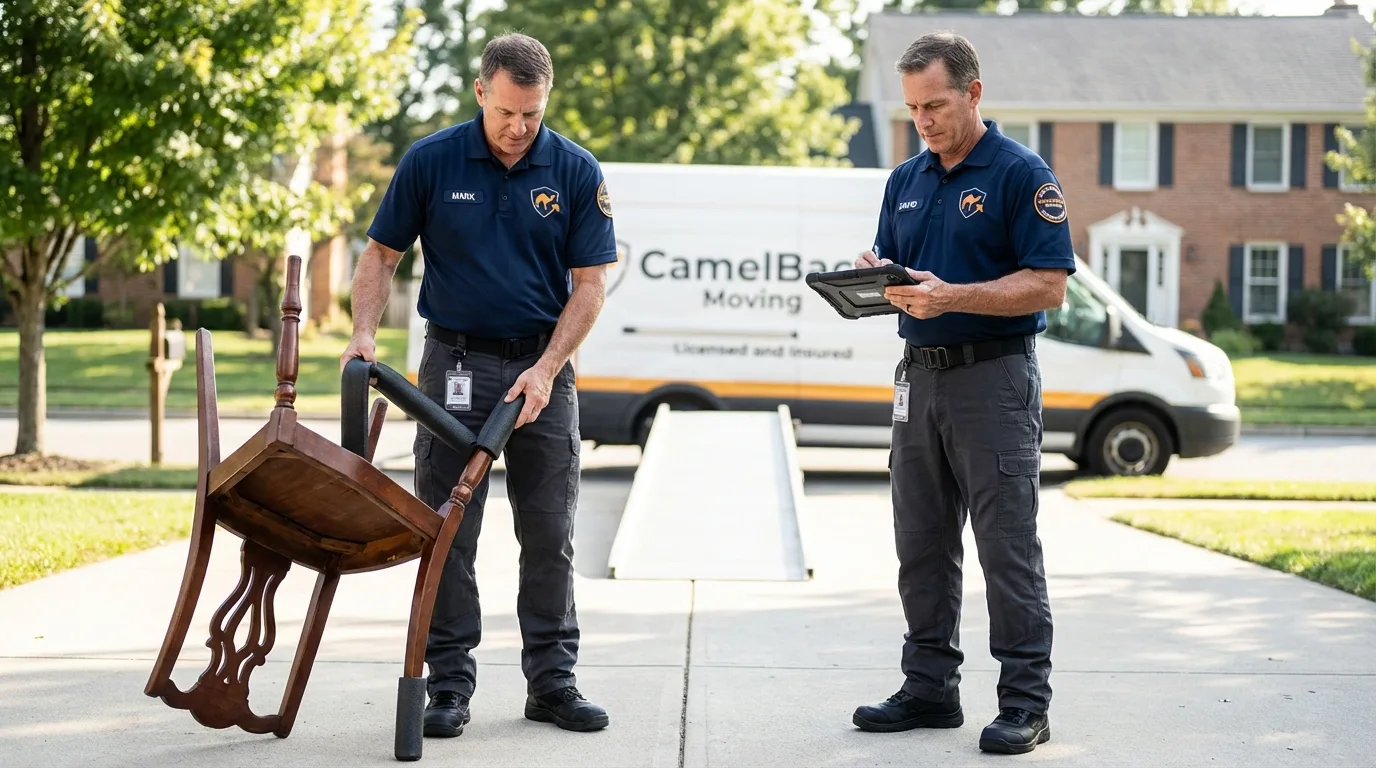 Movers inspecting furniture for damage prevention before loading in Saint Johns, AZ